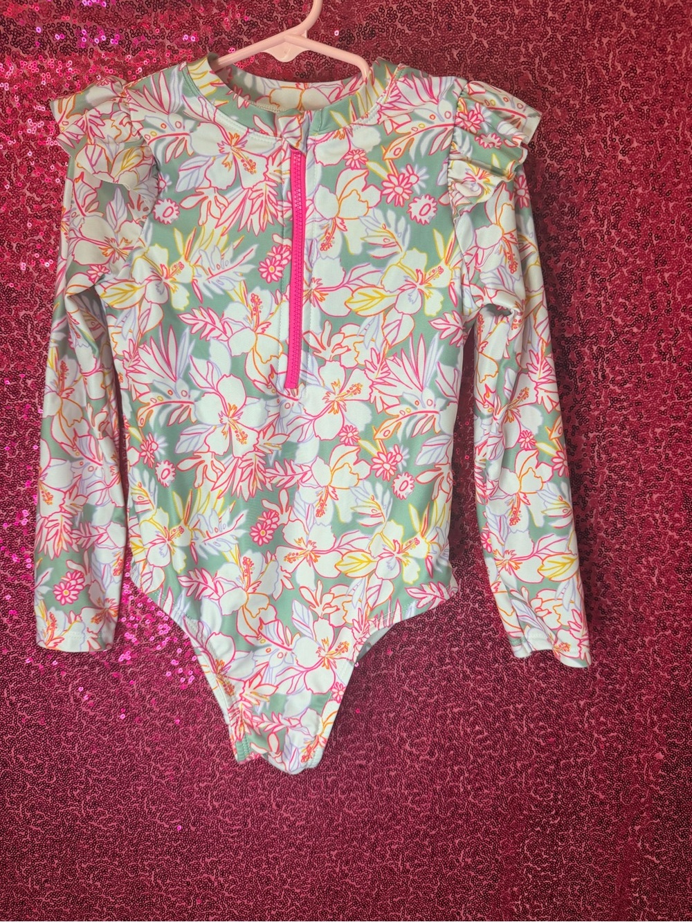 wonder nation Girls' Floral Long-Sleeve Rashguard Swimsuit - Mint, Pink & Yellow